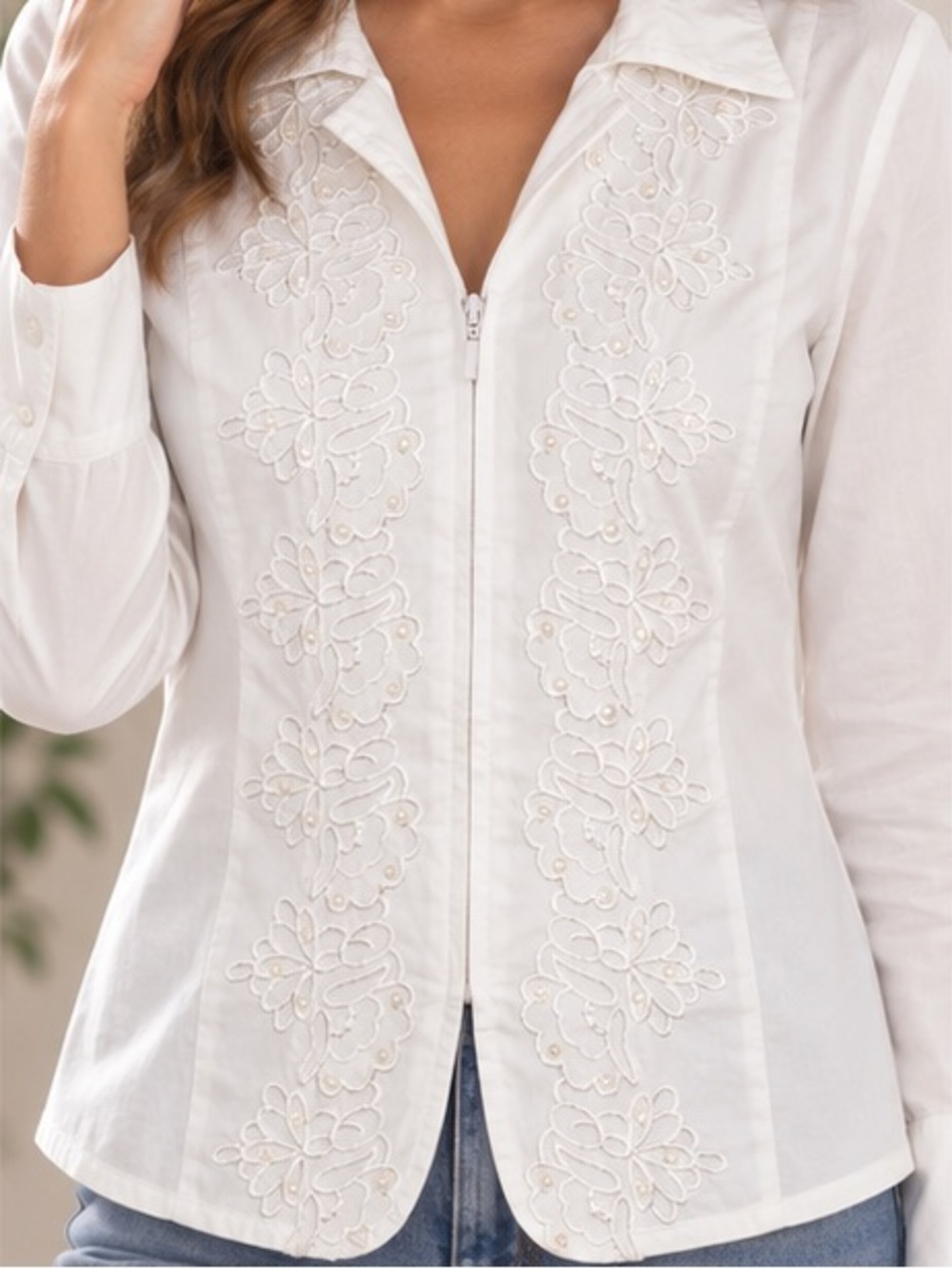 Coldwater Creek White Embroidered Zip-Front Shirt